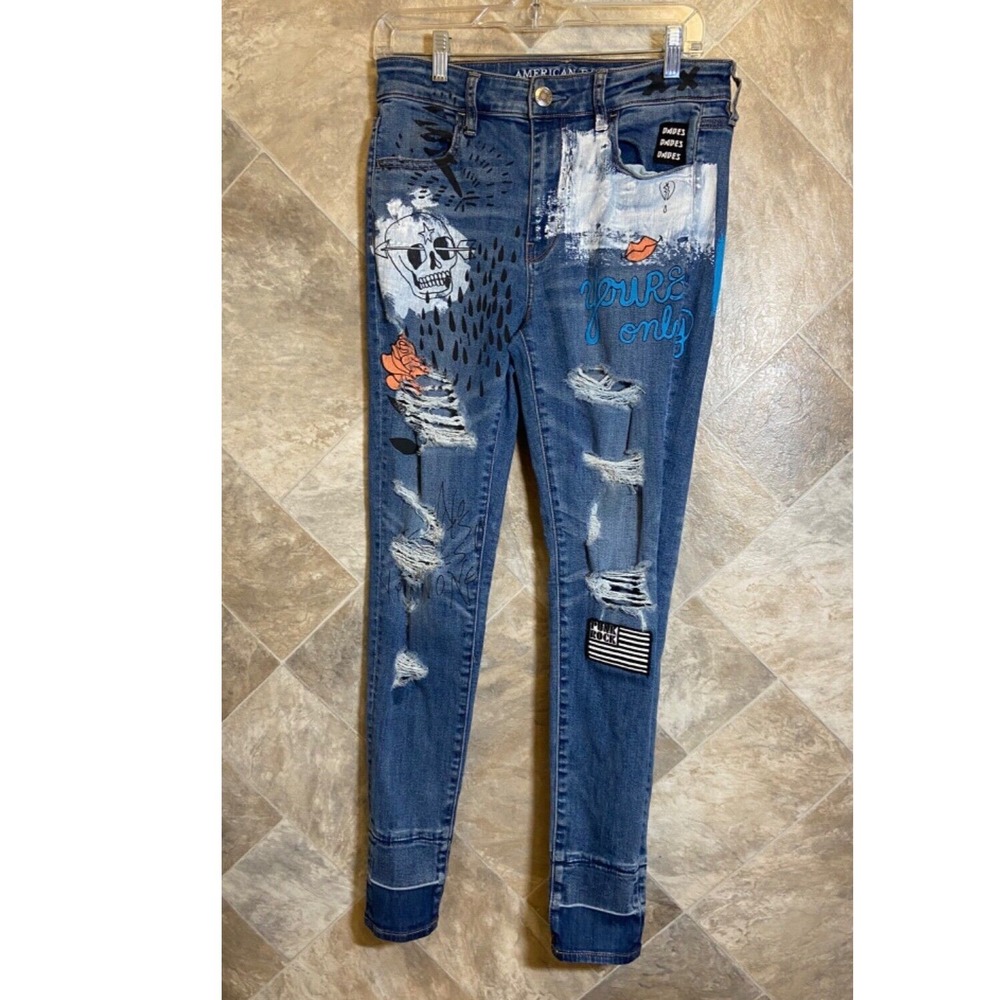 American Eagle Hi-Rise Jegging Blue Distressed Graphic Punk Rock Jeans Sz 10